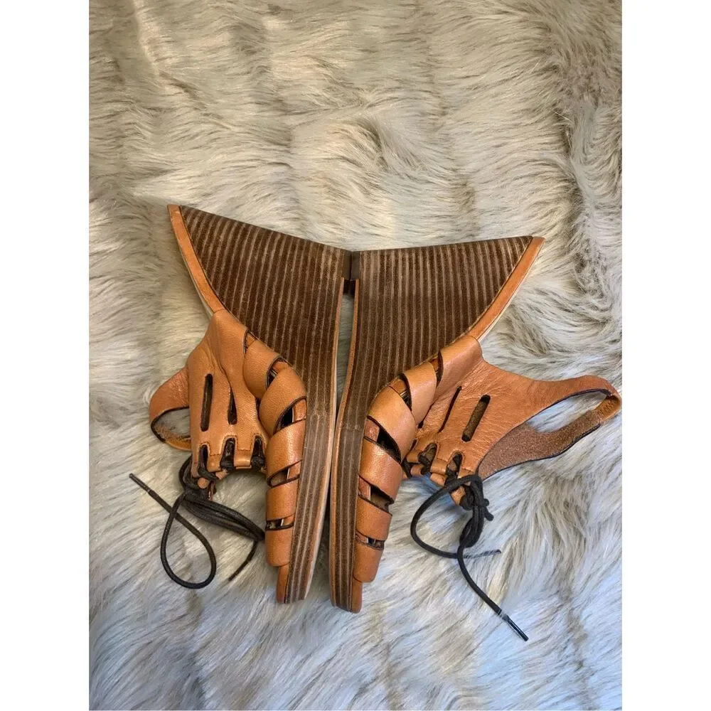 Cole Haan Light Brown Leather lace up wedge sandals Size 9B Womens Shoes Gladiat
